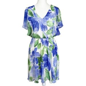 NWT DKNY Floral V-Neck Smocked Waist Flutter Sleeveless Dress Women’s Sz 2